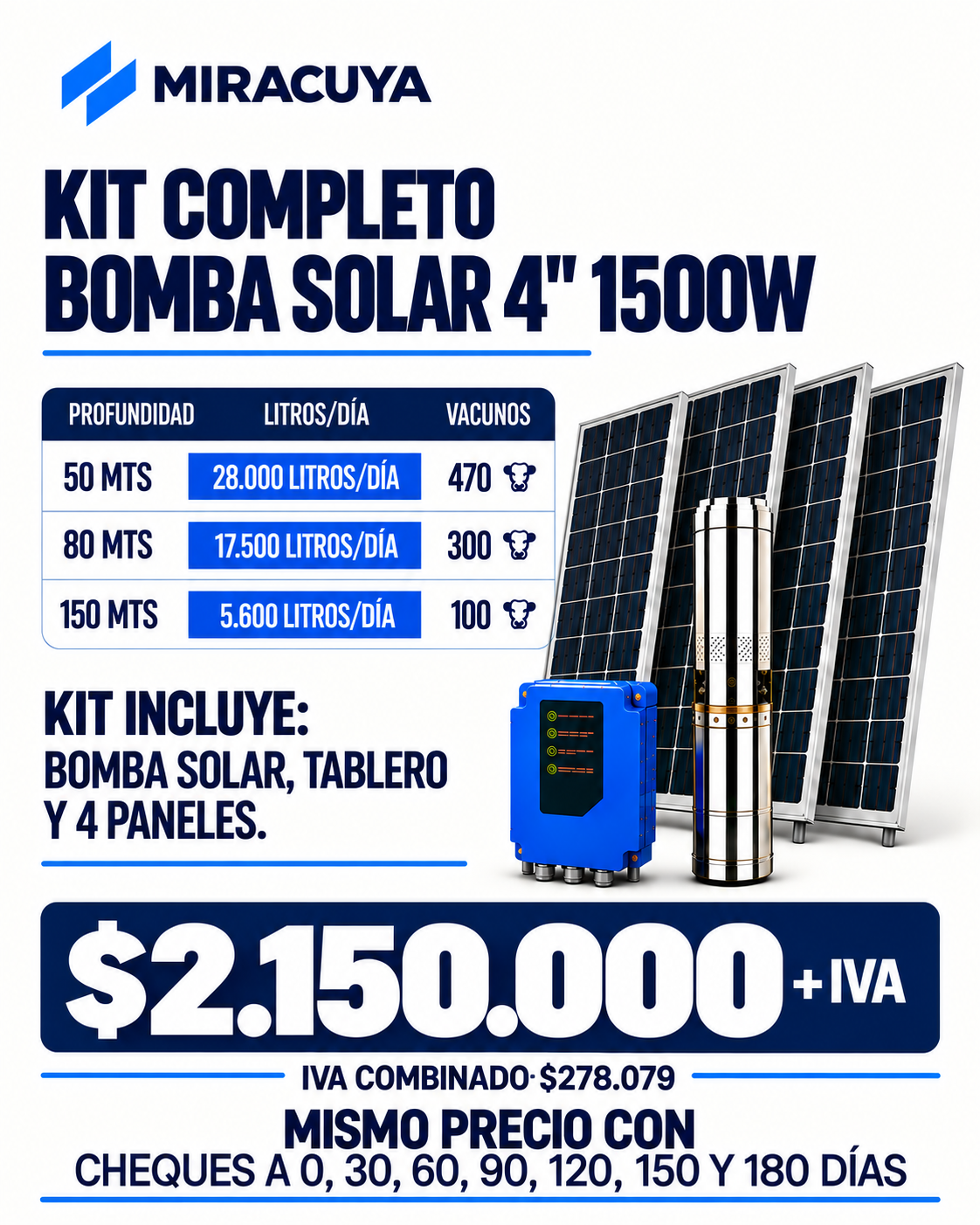 Kit Completo Bomba Solar 4" 1500W - Financiación con cheques: 0 • 30 • 60 • 90 • 120 • 150 • 180 días. - Imagen 2