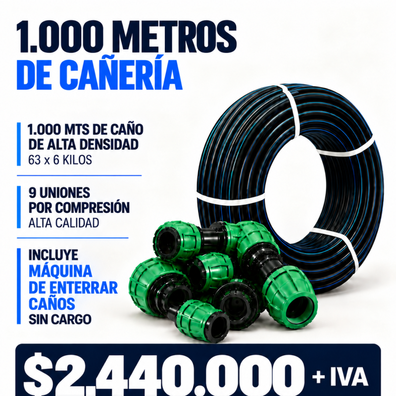 1000 MTS DE CAÑERIA PEAD DE 63MM PN6 C/ 9 UNIONES